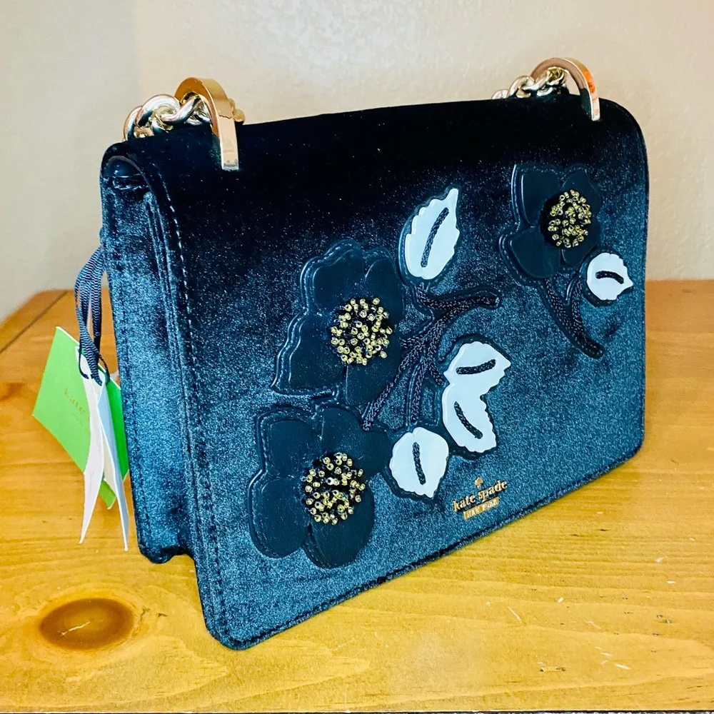 NEW! Kate Spade Cameron St Floral Embellish Marci Black Velvet Bag